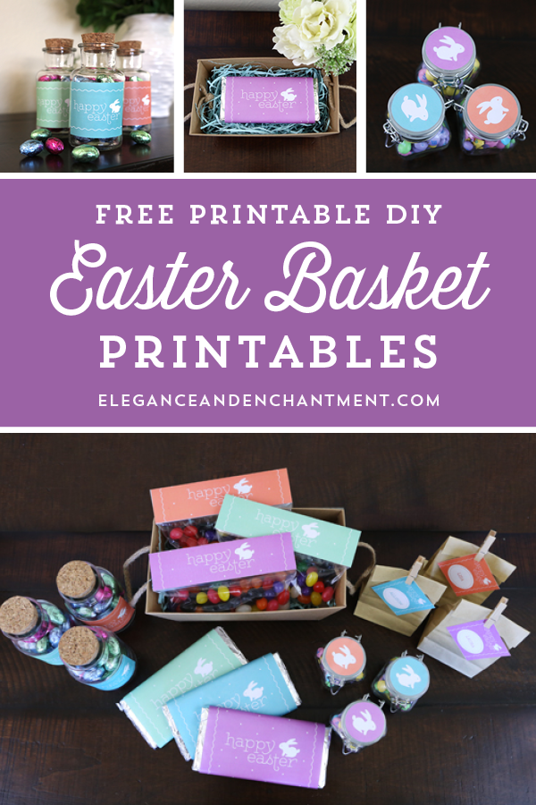 Free Printable Easter Basket Printables - includes candy bar wrappers, treat bag toppers, stickers, gift tags and labels! // Designs from Elegance & Enchantment