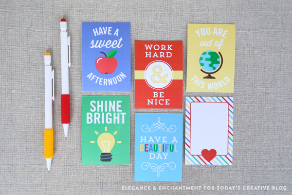 A collection of 25 printable note cards for your kids' lunch boxes. Keep them smiling all year round with words of encouragement. // Designs from Elegance & Enchantment