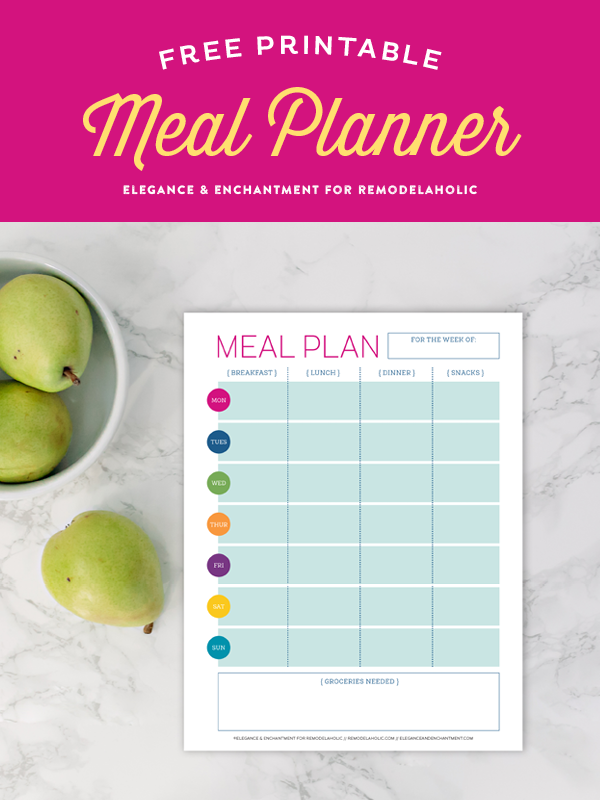 Get your school year on track with this free printable meal planner. With a space to plan all of your breakfasts, lunches, dinners and snacks, you can stay organized and disciplined to keep a healthy diet. Design by Elegance & Enchantment for Remodelaholic.