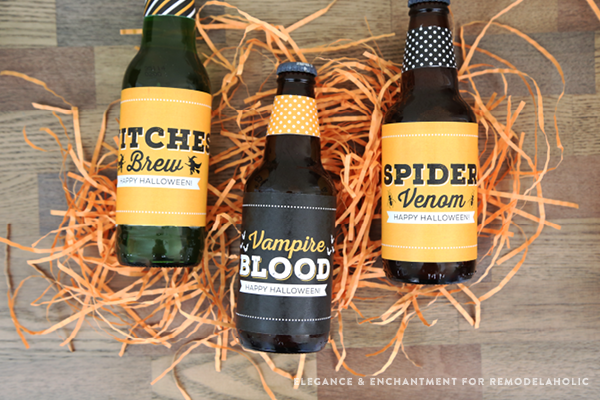 Free Printable Halloween Party Bottle Labels - four different designs for use on wine, beer, pop/soda bottles and more. An easy DIY way make your Halloween party a little more festive! Designs by Elegance and Enchantment for Remodelaholic.