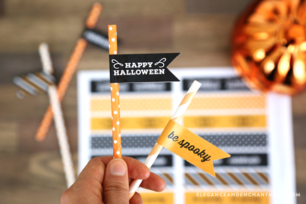 Free Printable Halloween Party Flags- eight different designs to use for appetizers, desserts, cupcakes, straws or drink stirrers. An easy DIY way make your Halloween party a little more festive! Designs by Elegance and Enchantment.
