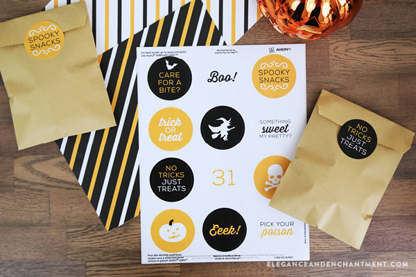 Free Printable Halloween Stickers - six different designs for Halloween parties, crafts, DIY projects or in the classroom! Use with Avery stickers or your own adhesive paper. Designs by Elegance and Enchantment.
