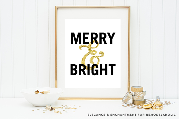 Free Printable Classy Holiday Art Prints in Gold, Black and White. These four prints could be hung individually or as a set. An easy Christmas decor idea or holiday gift! Designs by Elegance and Enchantment for Remodelaholic.