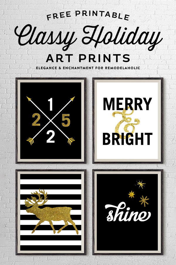 Free Printable Classy Holiday Art Prints in Gold, Black and White. These four prints could be hung individually or as a set. An easy Christmas decor idea or holiday gift! Designs by Elegance and Enchantment for Remodelaholic.