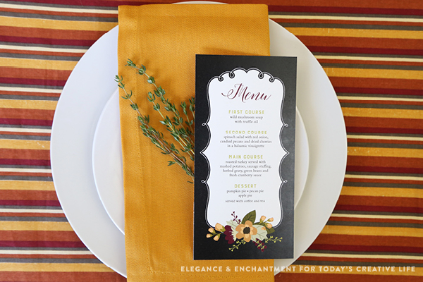 Free Printable Thanksgiving Menu cards in a pretty chalkboard style. The PDF is editable so you can either type in your own text, or hand write in your menu items the blank space provided. Designs by Elegance and Enchantment. 