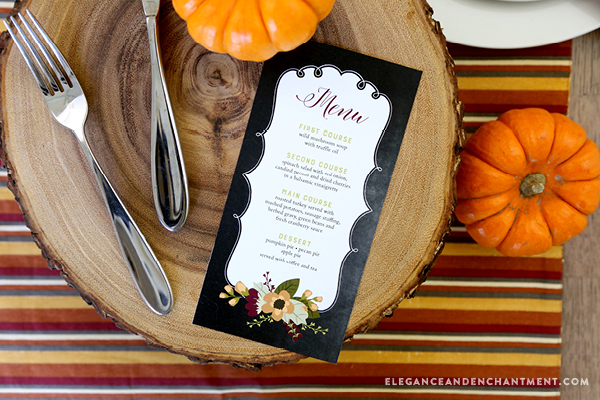 Free Printable Thanksgiving Menu cards in a pretty chalkboard style. The PDF is editable so you can either type in your own text, or hand write in your menu items the blank space provided. Designs by Elegance and Enchantment. 