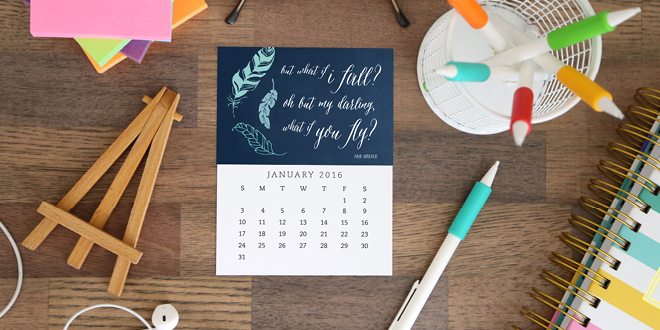 Download this free printable desk calendar for 2016! Each month boasts a unique design with an encouraging quote to keep you inspired and encouraged all year long. The size of each card is 4.25 x 5.5 and makes a great addition to any desk or workspace. // Designs from Elegance & Enchantment and Enchanted Prints