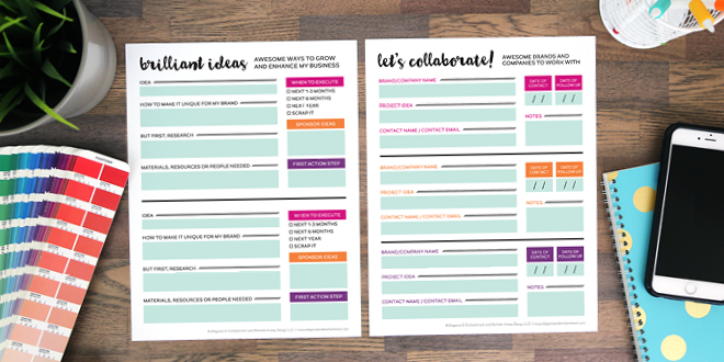 Free Printable Planning Sheets for bloggers and small business owners! Two designs are included: one for keeping track of your brilliant ideas and the other to manage potential collaborations and sponsorships. Both will get you inspired to take action and grow your business and/or blog. Designs by Elegance & Enchantment.
