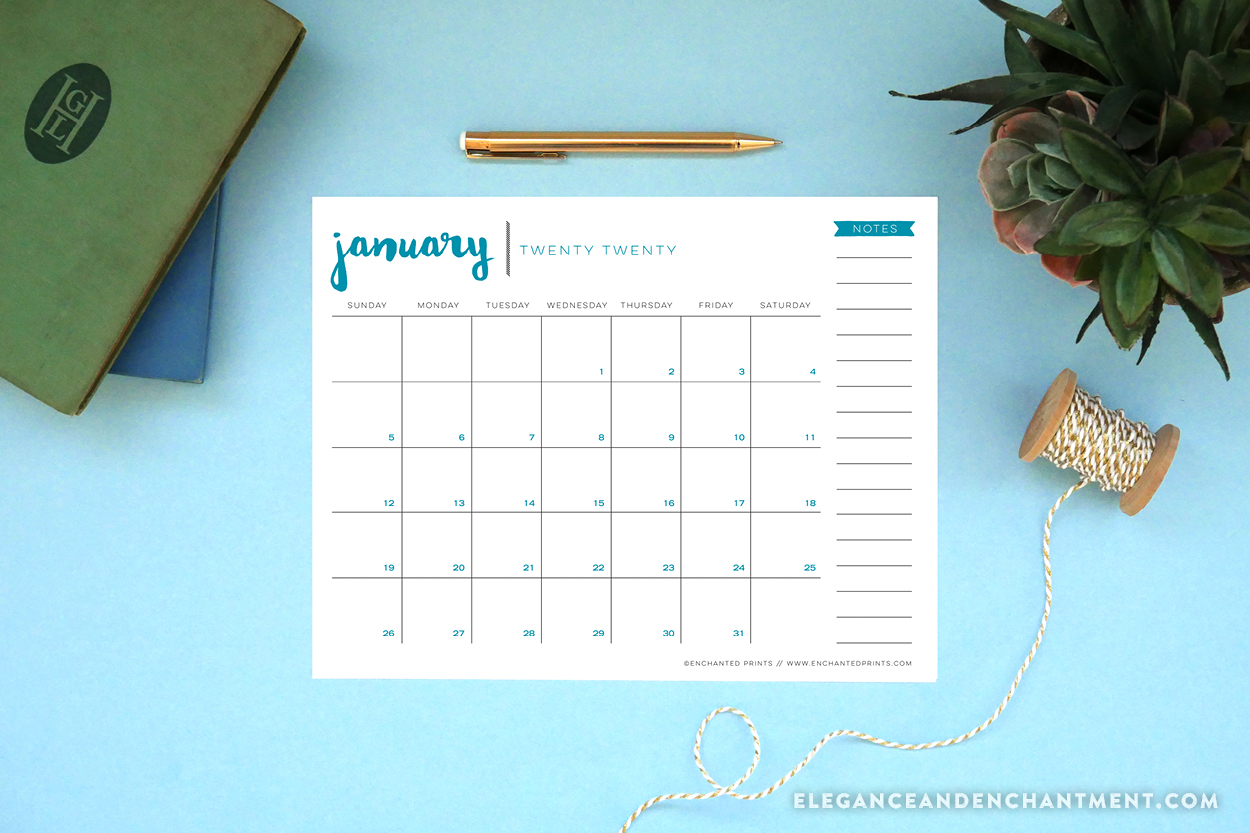 A free printable 2020 calendar download to help keep your life organized all year long. This 8.5 x 11, twelve-month PDF features a new color on every page, and requires no trimming or assembly. // from Elegance and Enchantment #calendar #12monthcalendar #freecalendar #2020calendar