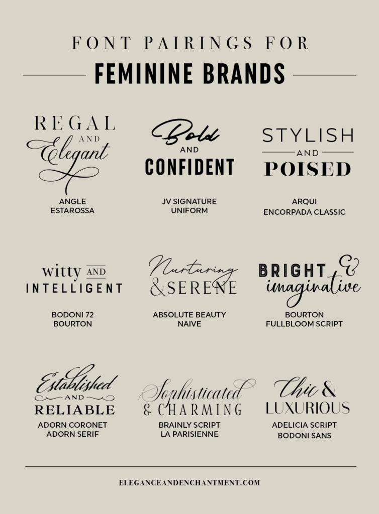 Nine font pairings for feminine brands to create logos, art prints, stationery, and more! From Elegance and Enchantment